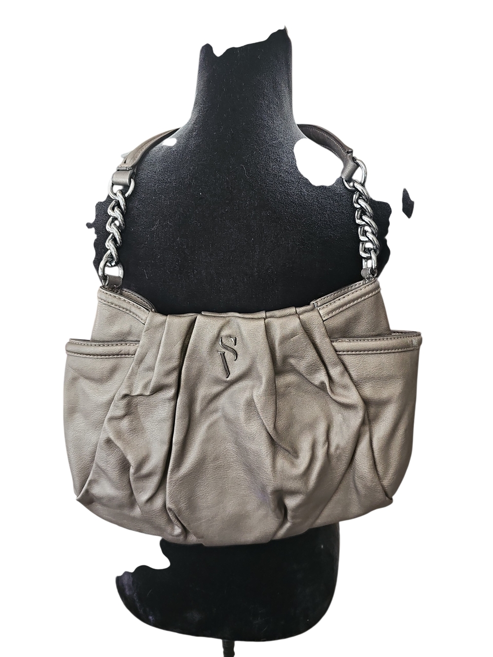 Simply Vera Vera Wang Taupe Pleated Shoulder Bag with Chain-Strap Accents